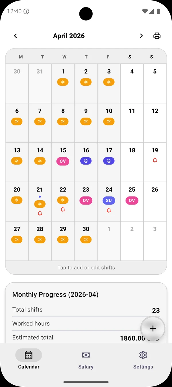 The app's April calendar with day, night and custom shifts, and the monthly progress card