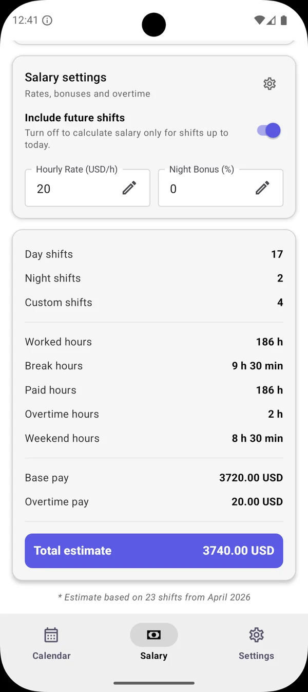 The app's salary screen: 17 day, 2 night and 4 custom shifts, 186 worked hours, total estimate 3,740 dollars